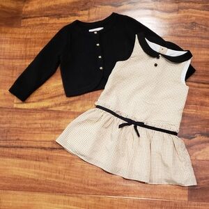 Janie and Jack EUC 12-18 months tan houndstooth crepe dress & black wool sweater